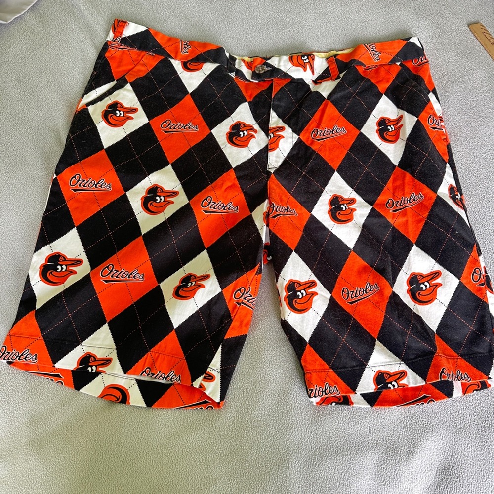 Loudmouth Shorts Mens 42 Baltimore Orioles MLB Argyle Orange Black Golf Shorts